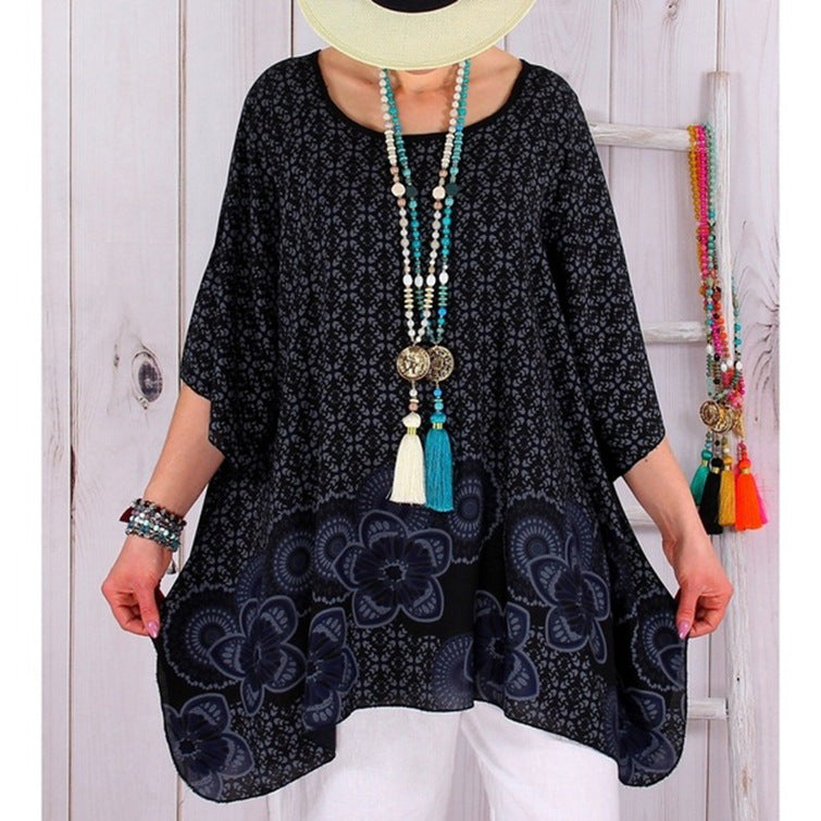 Damen Oversized Boho-Tunika mit floralem Borderprint und ausgestelltem A-Linien-Schnitt Drune