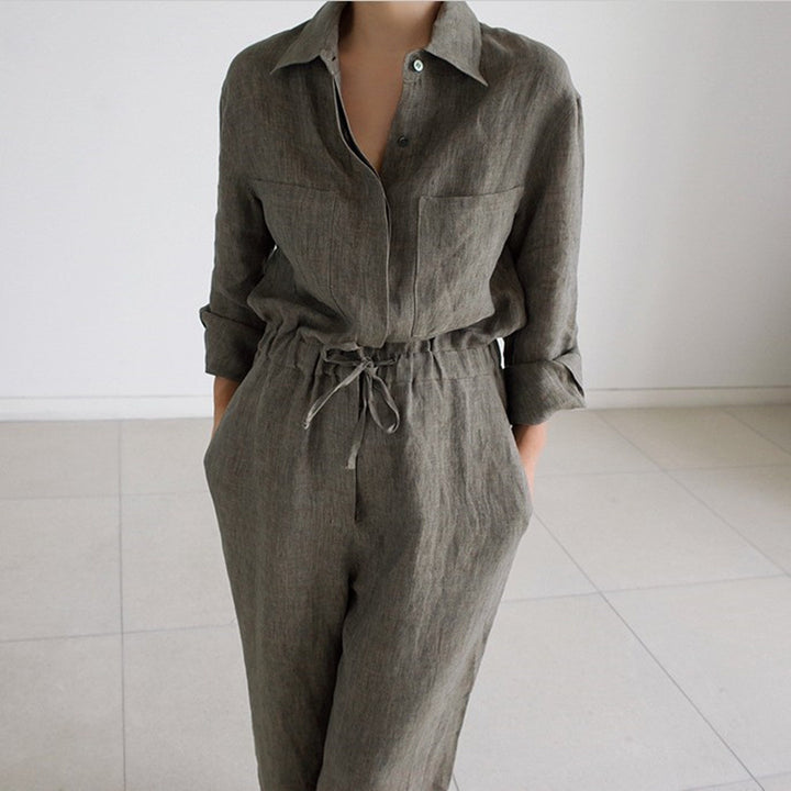 Damen Leinen‑Overall mit Hemdkragen, Kordel­taillenbund und Eingrifftaschen Drune