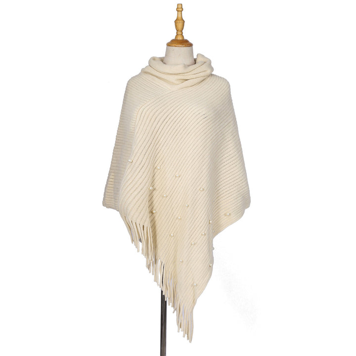 Damen Feinstrick-Poncho mit Rollkragen, Perlenapplikation und Fransensaum Drune