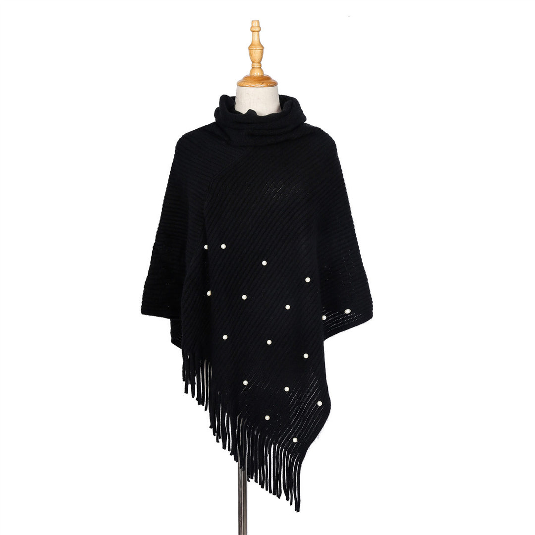 Damen Feinstrick-Poncho mit Rollkragen, Perlenapplikation und Fransensaum Drune