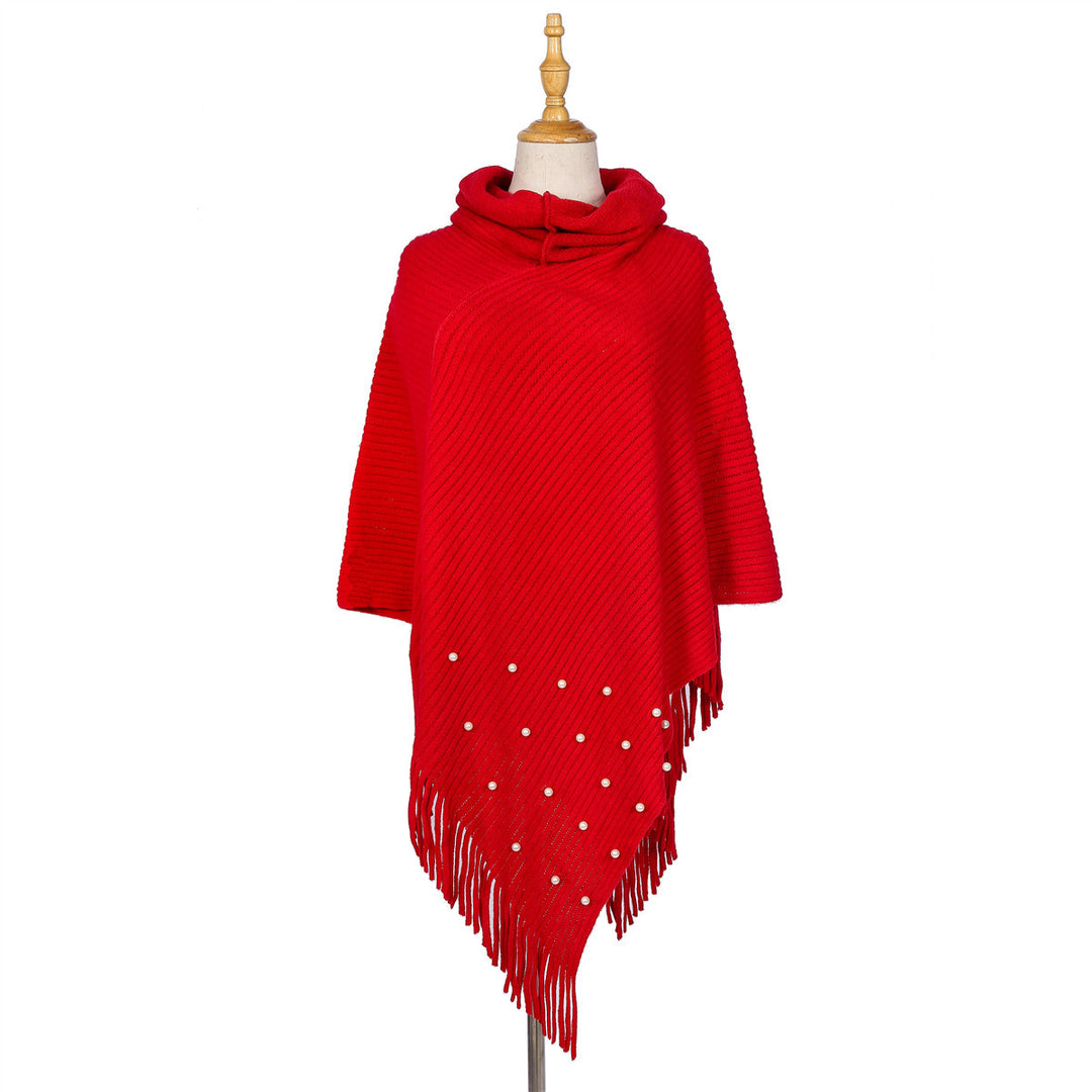 Damen Feinstrick-Poncho mit Rollkragen, Perlenapplikation und Fransensaum Drune