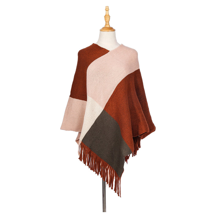 Damen Oversize-Ruana-Poncho mit farbigen Blockelementen und Fransensaum Drune