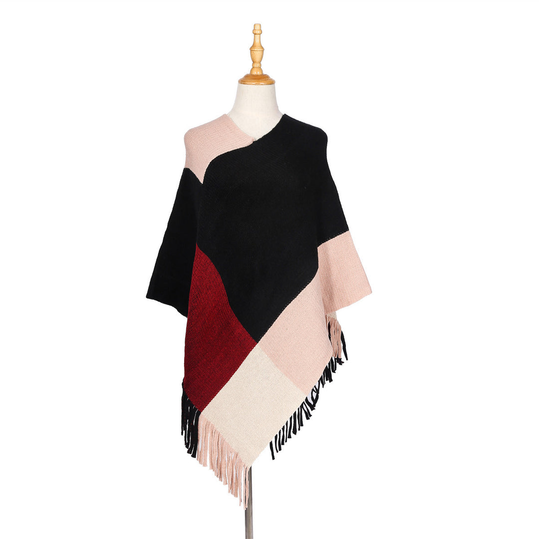 Damen Oversize-Ruana-Poncho mit farbigen Blockelementen und Fransensaum Drune