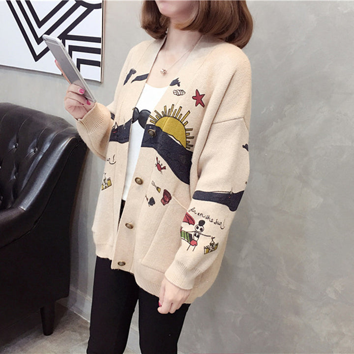 Damen verspielte Strickjacke mit bunten Applikationen und großen Taschen Drune