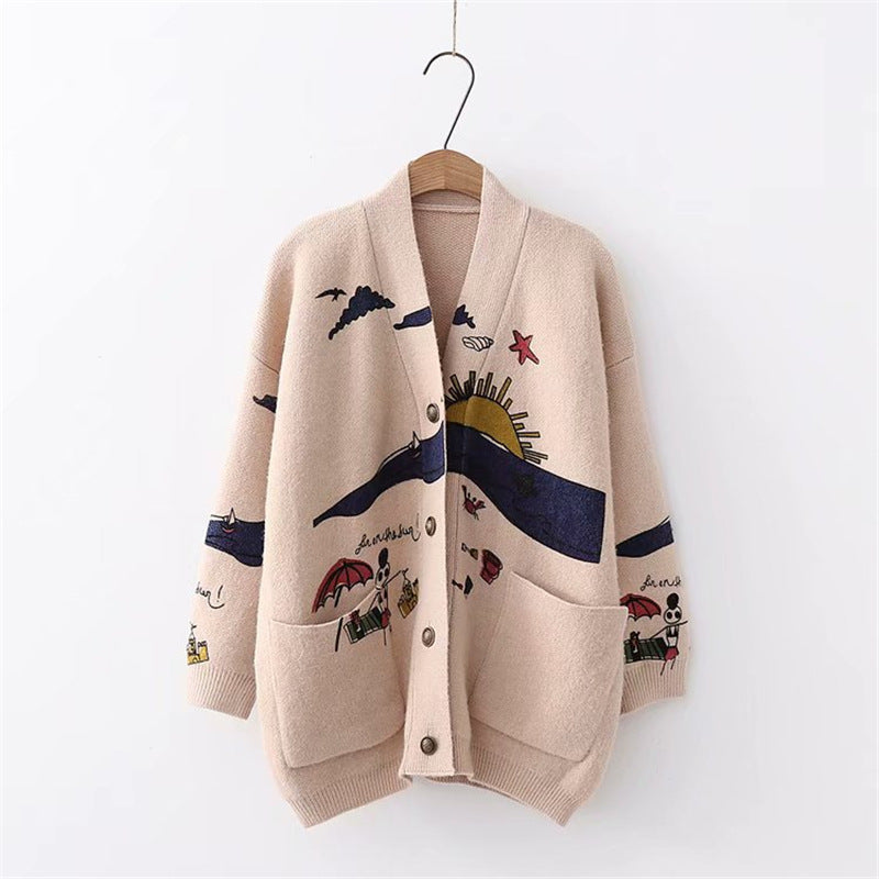 Damen verspielte Strickjacke mit bunten Applikationen und großen Taschen Drune