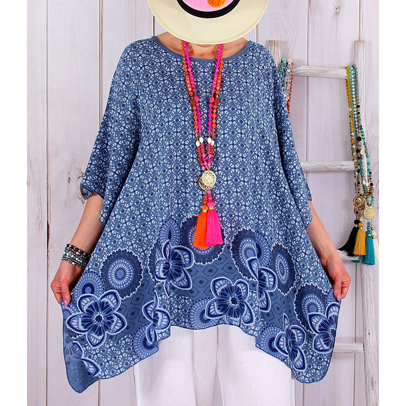 Damen Oversized Boho-Tunika mit floralem Borderprint und ausgestelltem A-Linien-Schnitt Drune
