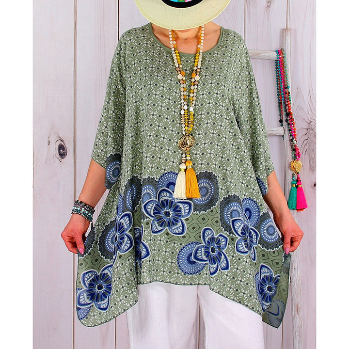 Damen Oversized Boho-Tunika mit floralem Borderprint und ausgestelltem A-Linien-Schnitt Drune