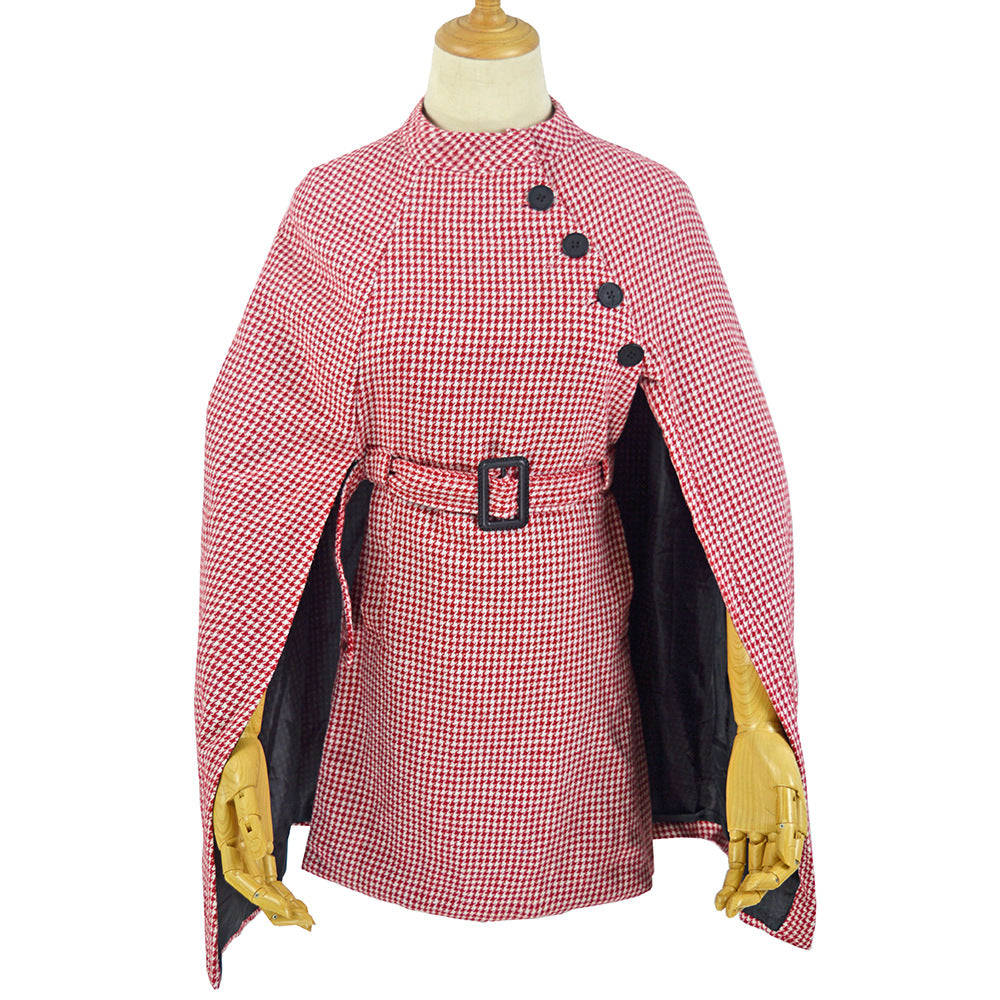 Damen Cape‑Mantel mit Hahnentrittmuster, Taillengürtel und asymmetrischer Knopfleiste Drune