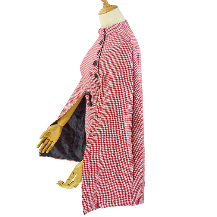 Damen Cape‑Mantel mit Hahnentrittmuster, Taillengürtel und asymmetrischer Knopfleiste Drune