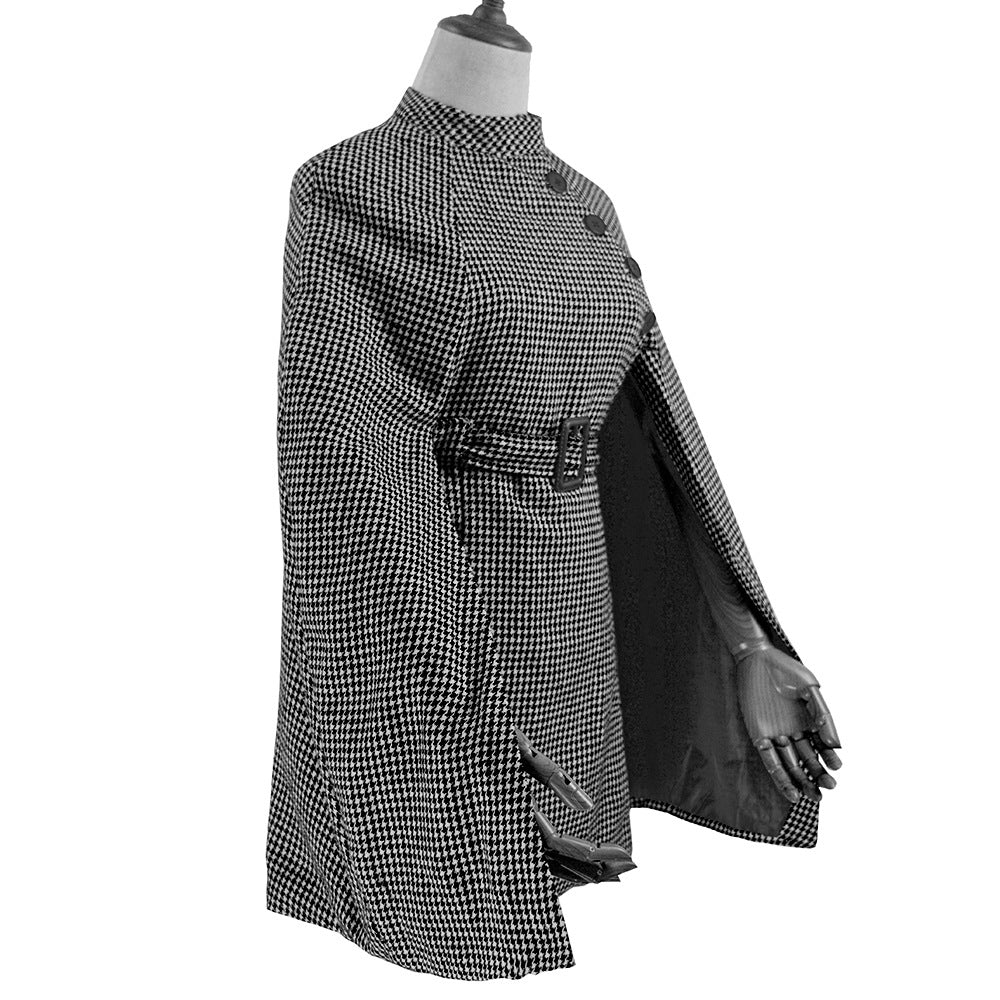 Damen Cape‑Mantel mit Hahnentrittmuster, Taillengürtel und asymmetrischer Knopfleiste Drune