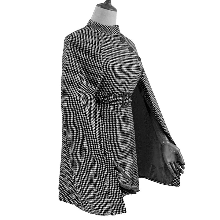 Damen Cape‑Mantel mit Hahnentrittmuster, Taillengürtel und asymmetrischer Knopfleiste Drune