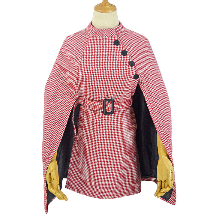 Damen Cape‑Mantel mit Hahnentrittmuster, Taillengürtel und asymmetrischer Knopfleiste Drune