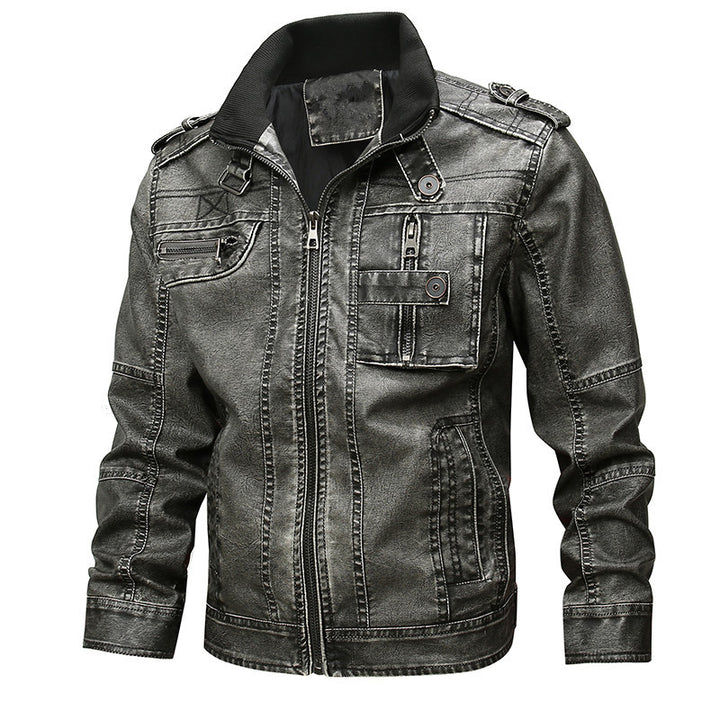 Herren Vintage-inspirierte Bikerjacke in Lederoptik mit Utility-Taschen und Stehkragen Drune
