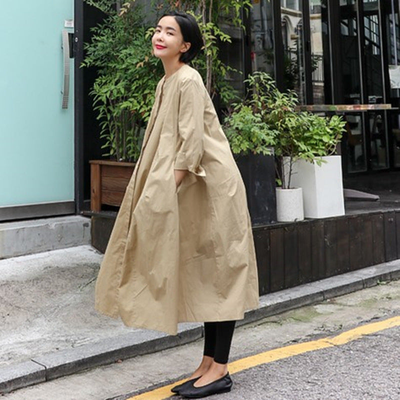 Damen Oversize-Hemdblusenkleid mit kastiger A-Linie, verdeckter Knopfleiste und Eingrifftaschen Drune