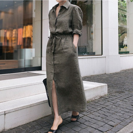 Damen Hemdkleid-Midi aus Leinenmix mit Taillenband und kastigem Schnitt Drune