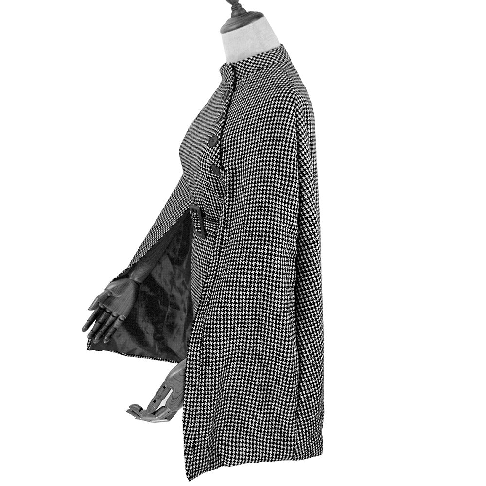 Damen Cape‑Mantel mit Hahnentrittmuster, Taillengürtel und asymmetrischer Knopfleiste Drune