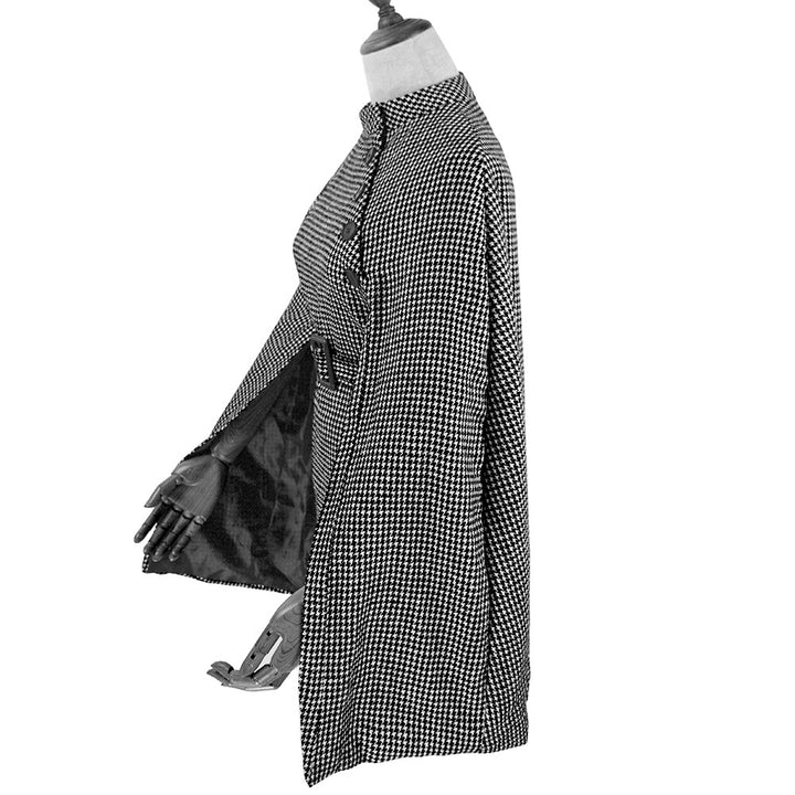 Damen Cape‑Mantel mit Hahnentrittmuster, Taillengürtel und asymmetrischer Knopfleiste Drune