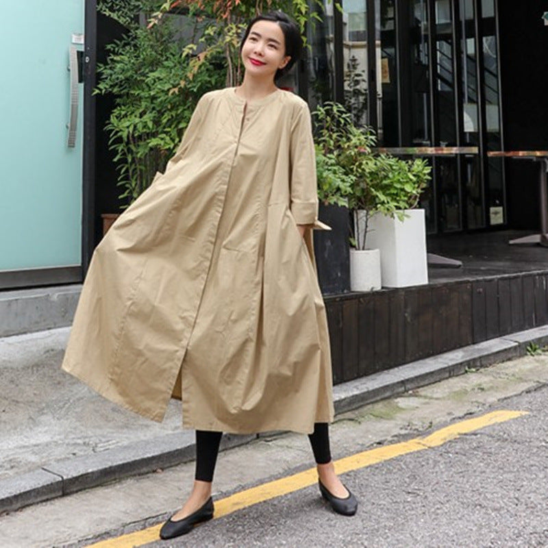 Damen Oversize-Hemdblusenkleid mit kastiger A-Linie, verdeckter Knopfleiste und Eingrifftaschen Drune