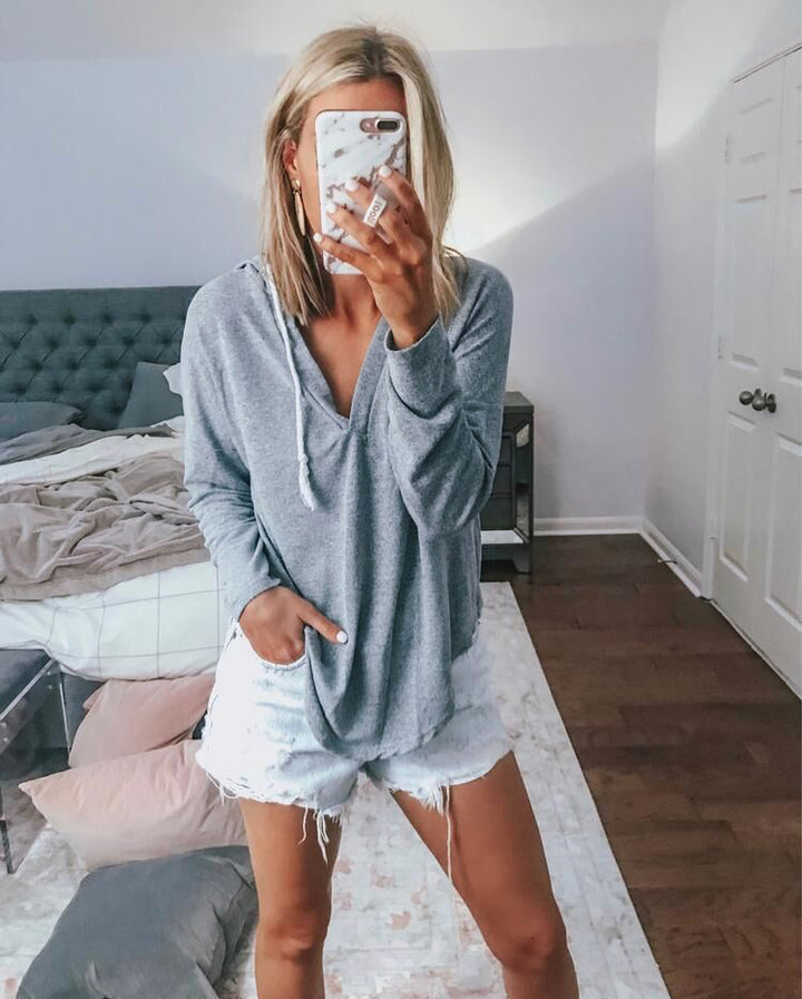 Damen lässiges Hoodie-Oberteil mit tiefem V-Ausschnitt und modernem Schnitt Drune