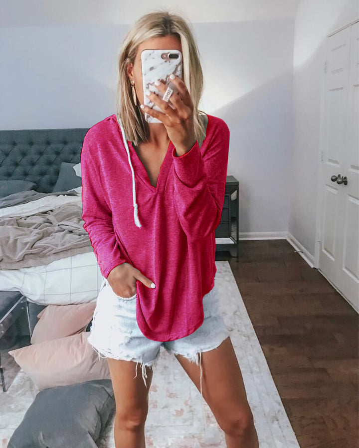 Damen lässiges Hoodie-Oberteil mit tiefem V-Ausschnitt und modernem Schnitt Drune