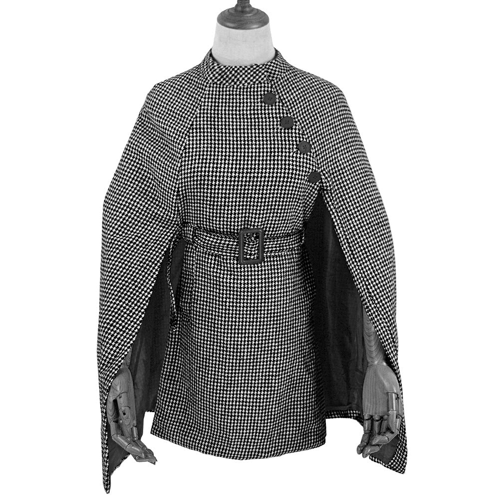 Damen Cape‑Mantel mit Hahnentrittmuster, Taillengürtel und asymmetrischer Knopfleiste Drune