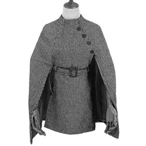 Damen Cape‑Mantel mit Hahnentrittmuster, Taillengürtel und asymmetrischer Knopfleiste Drune