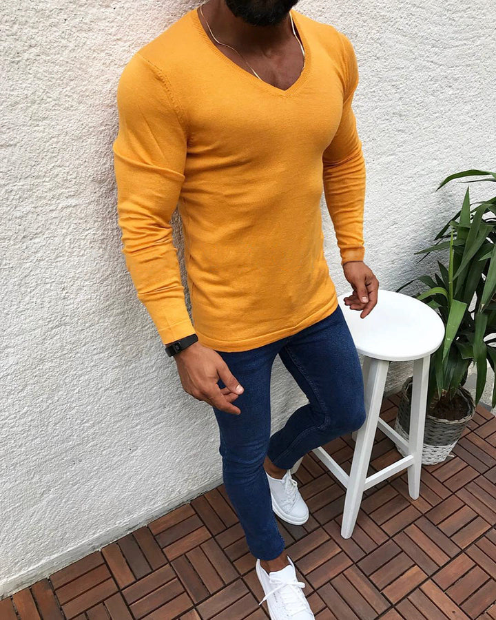 Herren figurbetontes Longsleeve aus Baumwolle mit V-Ausschnitt Drune