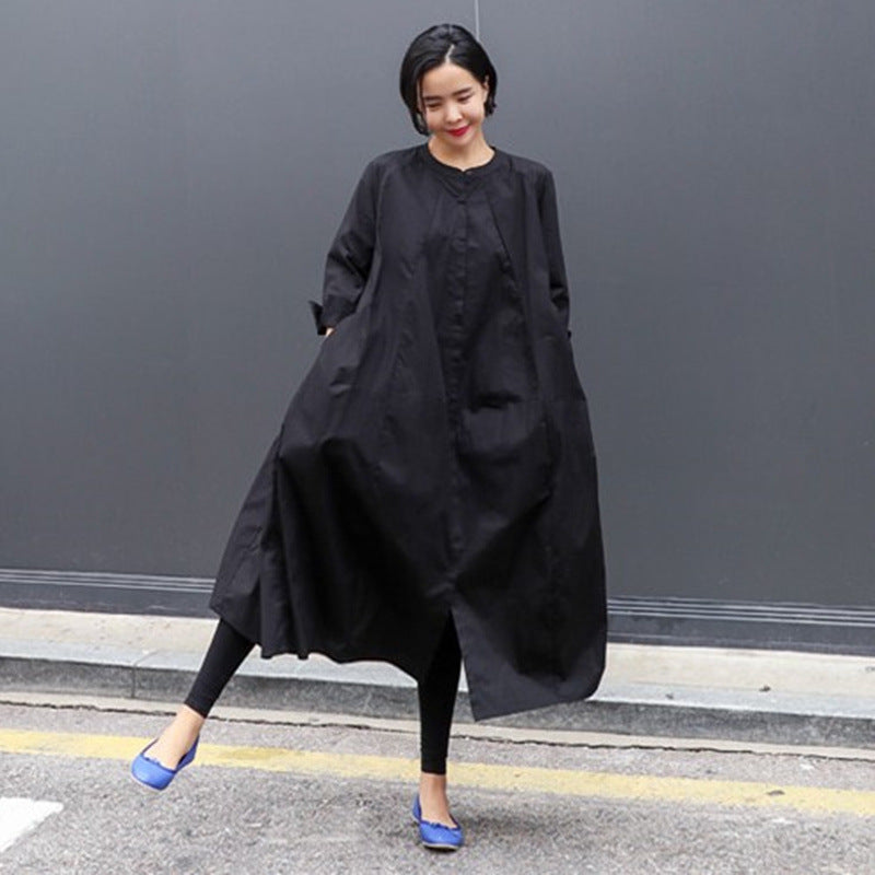 Damen Oversize-Hemdblusenkleid mit kastiger A-Linie, verdeckter Knopfleiste und Eingrifftaschen Drune