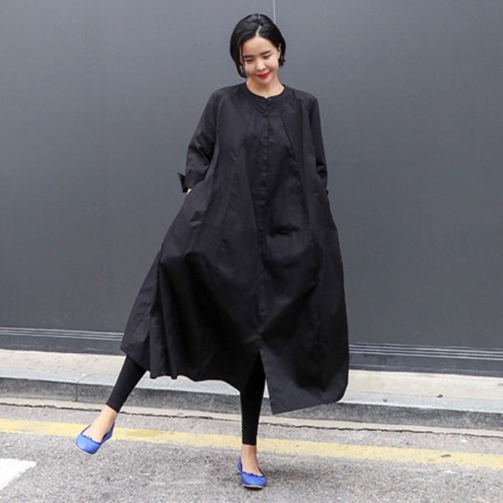 Damen Oversize-Hemdblusenkleid mit kastiger A-Linie, verdeckter Knopfleiste und Eingrifftaschen Drune