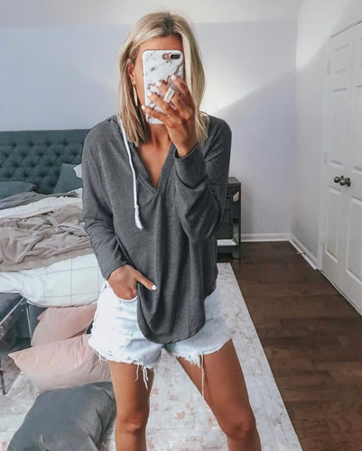 Damen lässiges Hoodie-Oberteil mit tiefem V-Ausschnitt und modernem Schnitt Drune