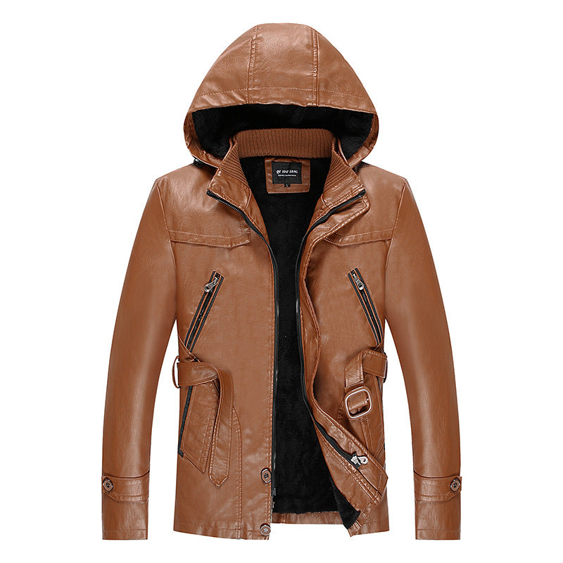 Herren Lederjacke mit Kapuze und Teddyfutter, multifunktionale Utility-Bikerjacke Drune