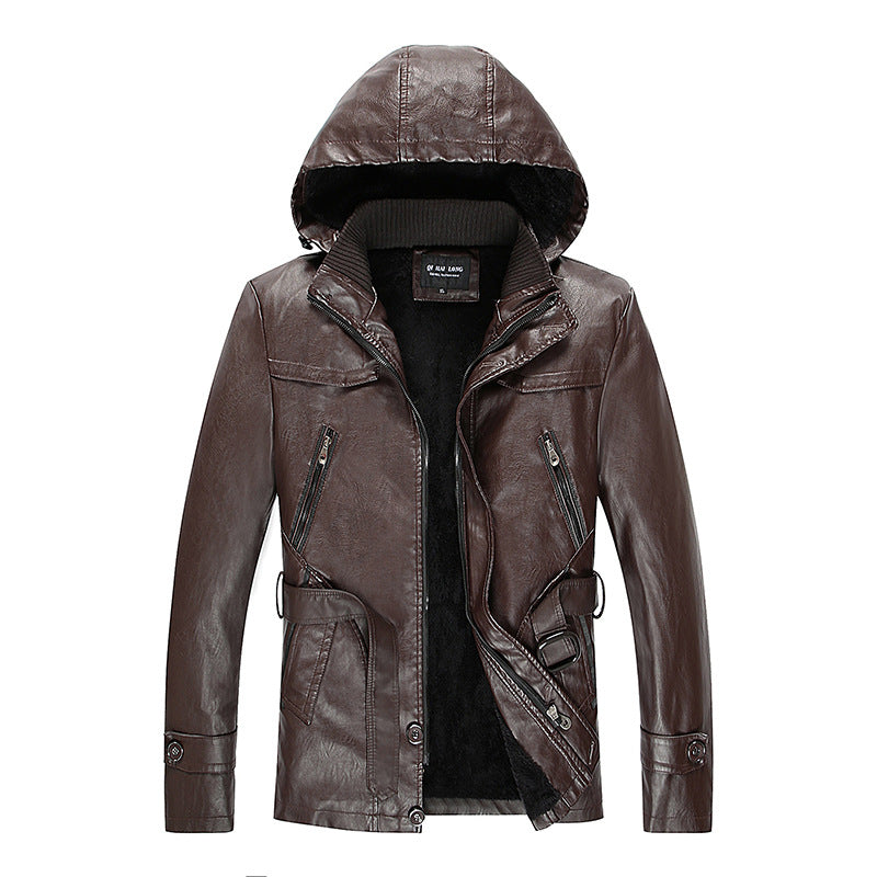 Herren Lederjacke mit Kapuze und Teddyfutter, multifunktionale Utility-Bikerjacke Drune