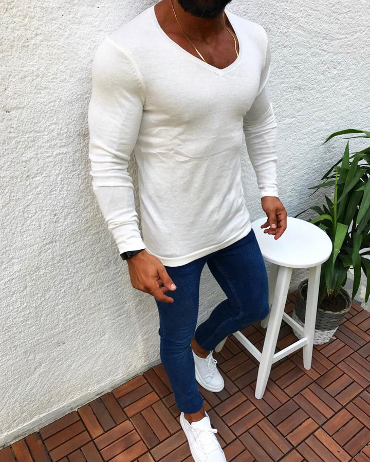 Herren figurbetontes Longsleeve aus Baumwolle mit V-Ausschnitt Drune