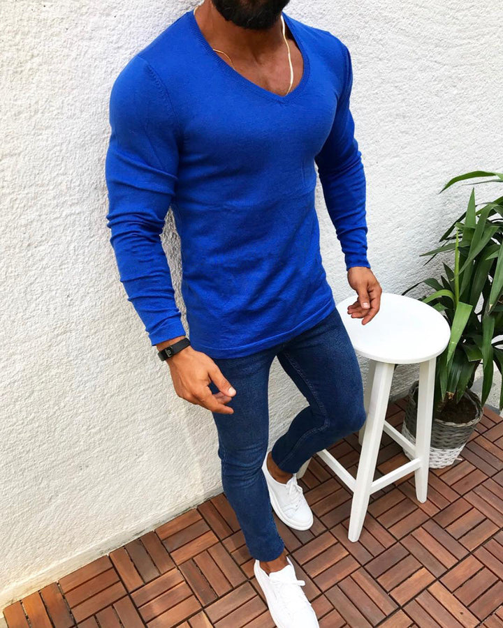 Herren figurbetontes Longsleeve aus Baumwolle mit V-Ausschnitt Drune