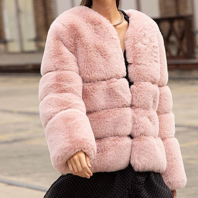 Damen Modische Kunstfelljacke mit voluminösen Puffärmeln und nahe des Halses schließendem Design Drune