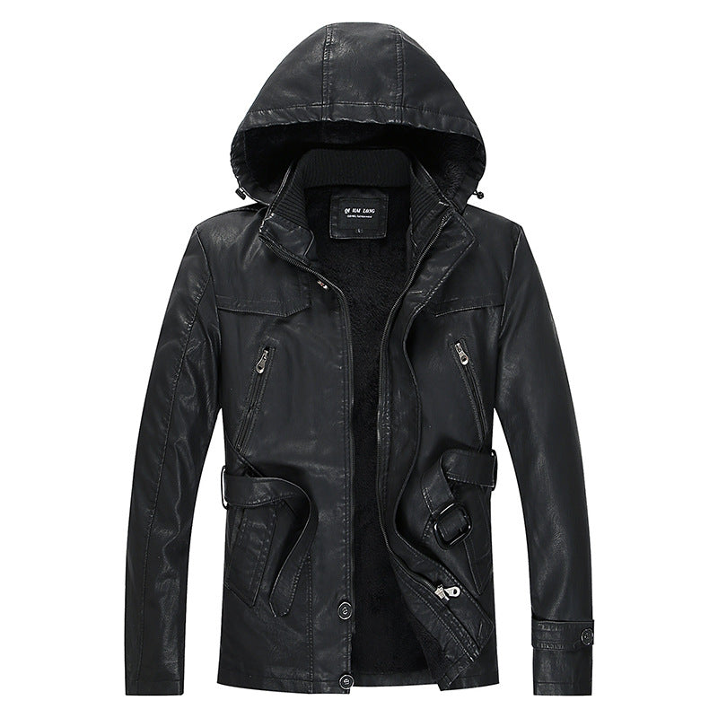 Herren Lederjacke mit Kapuze und Teddyfutter, multifunktionale Utility-Bikerjacke Drune