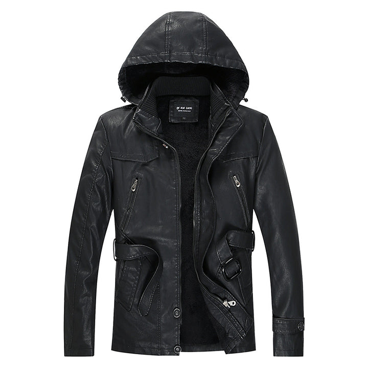 Herren Lederjacke mit Kapuze und Teddyfutter, multifunktionale Utility-Bikerjacke Drune