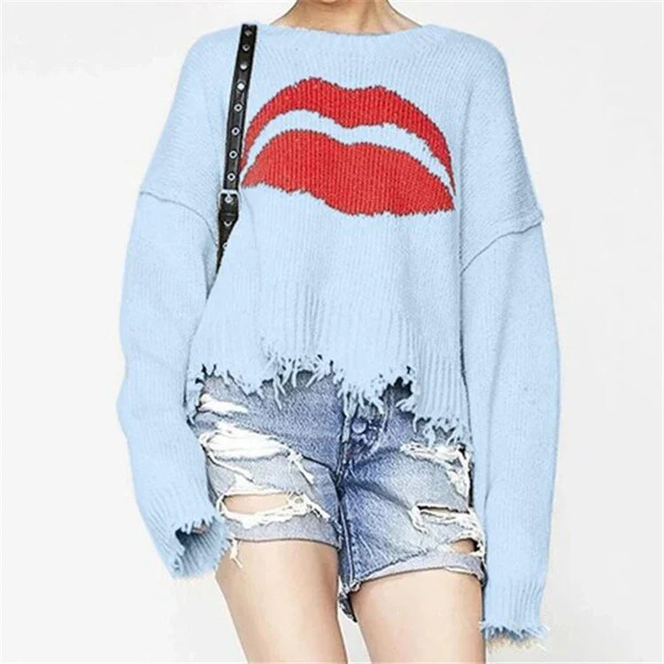 Drune | Sweatshirt Übergröße Passform Chunky Strick Lippenprint Fransen Saum