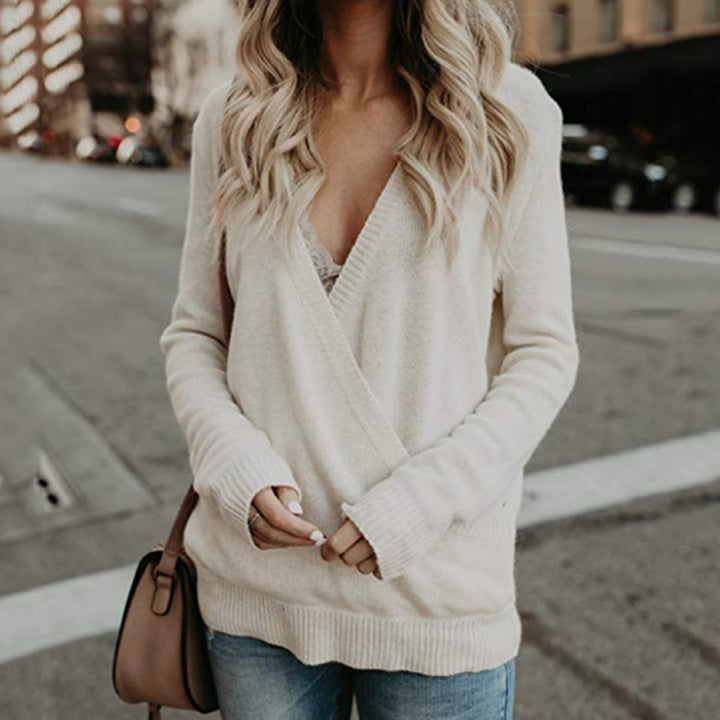 Damen lässiger Wickelpullover mit tiefem V-Ausschnitt und strukturiertem Gewebe Drune