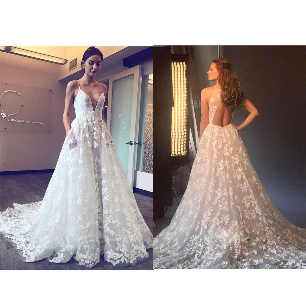 Damen Hochzeitskleid mit tiefem V-Ausschnitt und filigraner Spitze Drune
