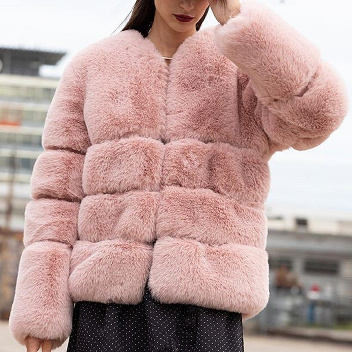 Damen Modische Kunstfelljacke mit voluminösen Puffärmeln und nahe des Halses schließendem Design Drune