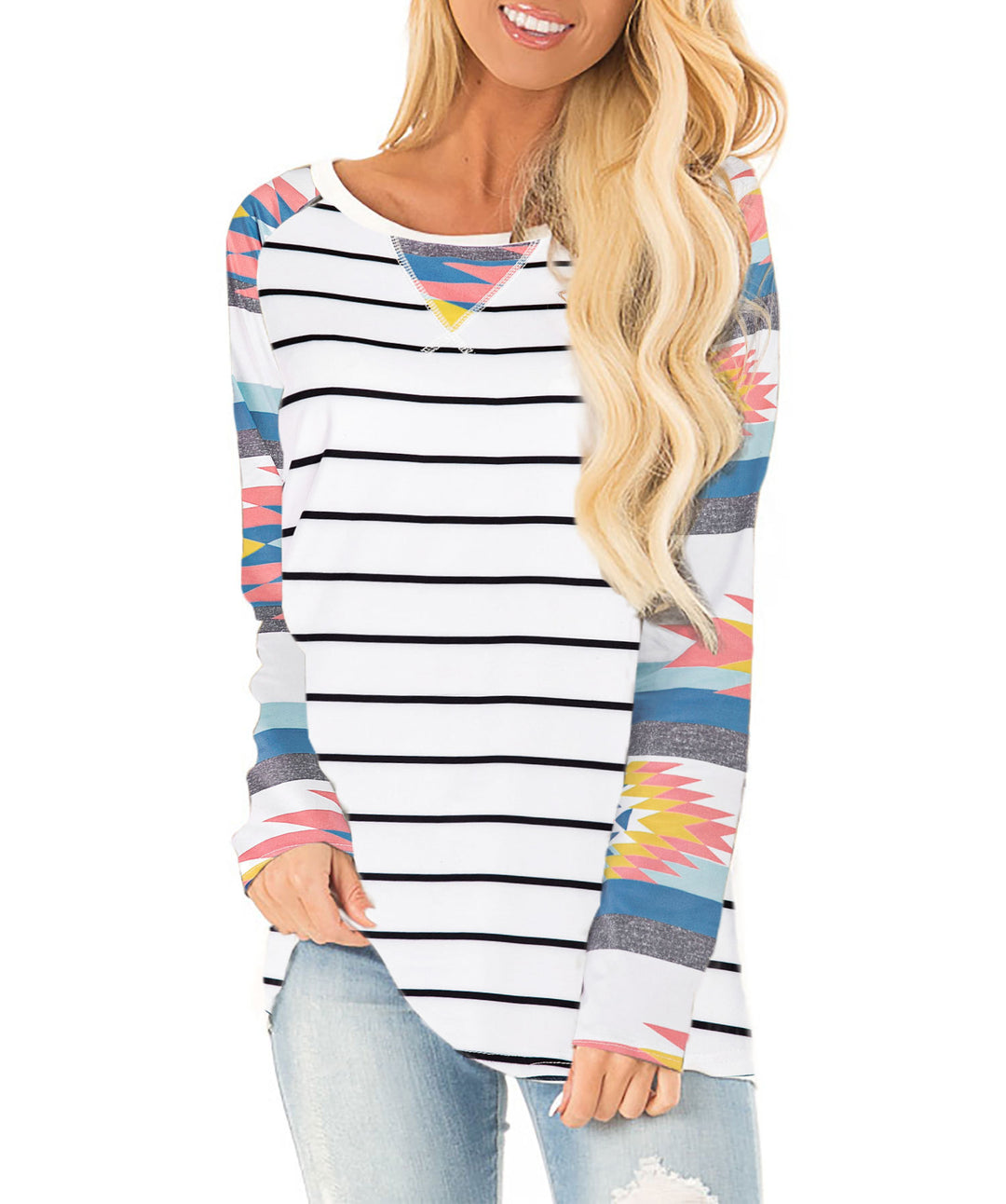 Damen Lässiges Langarmshirt mit farbenfrohen Mustern und Streifenmuster Drune