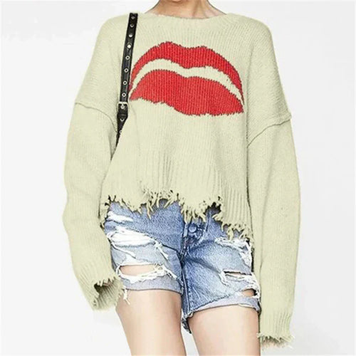 Drune | Oversized Sweater - Wollstrick - Lippenmotiv - Ausgefranster Saum - Lässige Passform