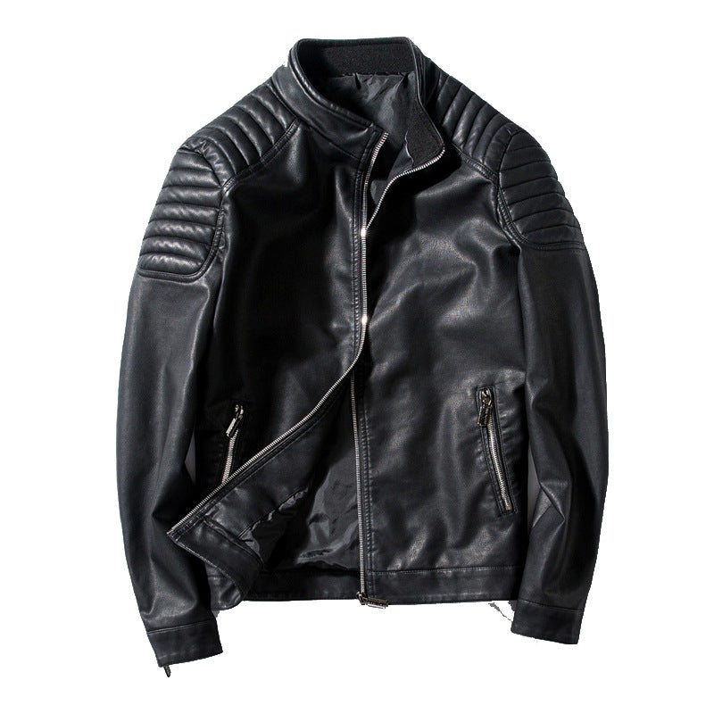Herren Slim-Fit Kunstleder-Bikerjacke mit Stehkragen und Schultersteppungen Drune