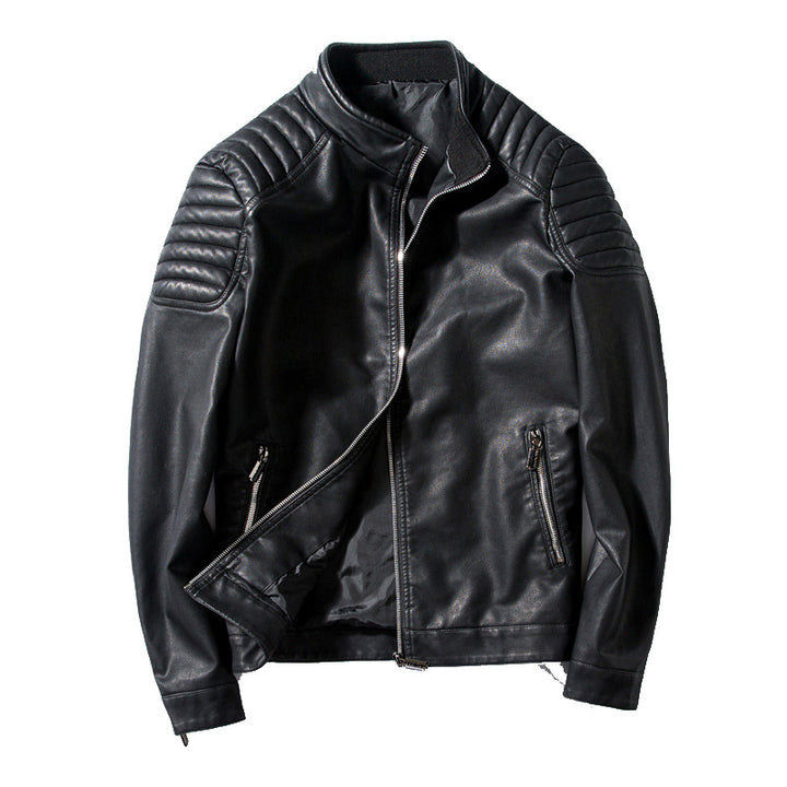 Herren Slim-Fit Kunstleder-Bikerjacke mit Stehkragen und Schultersteppungen Drune