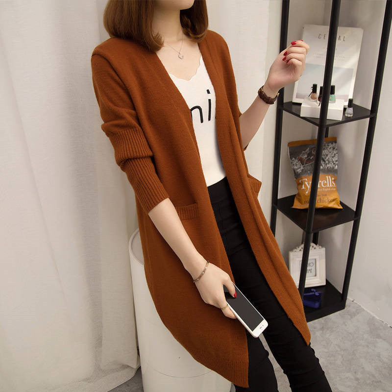 Damen Langer Strickcardigan mit offenen Vorderteilen und tiefen Taschen Drune