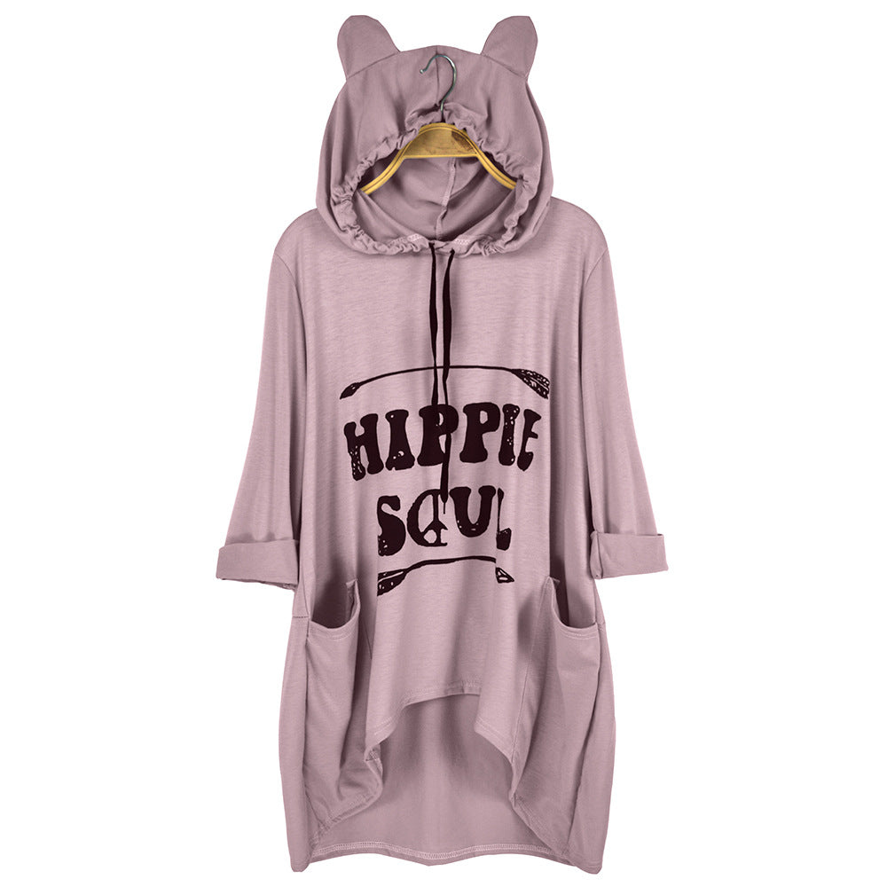 Damen Oversize-Hoodie-Kleid mit Kapuze und Ohren, Kängurutaschen & Statement-Print Drune