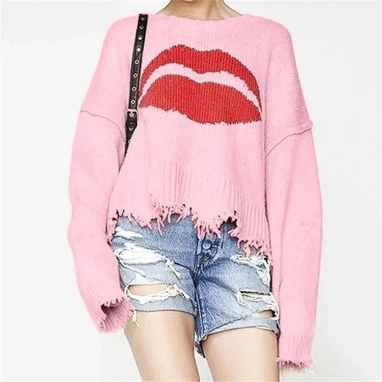 Drune | Sweatshirt Übergröße Passform Chunky Strick Lippenprint Fransen Saum
