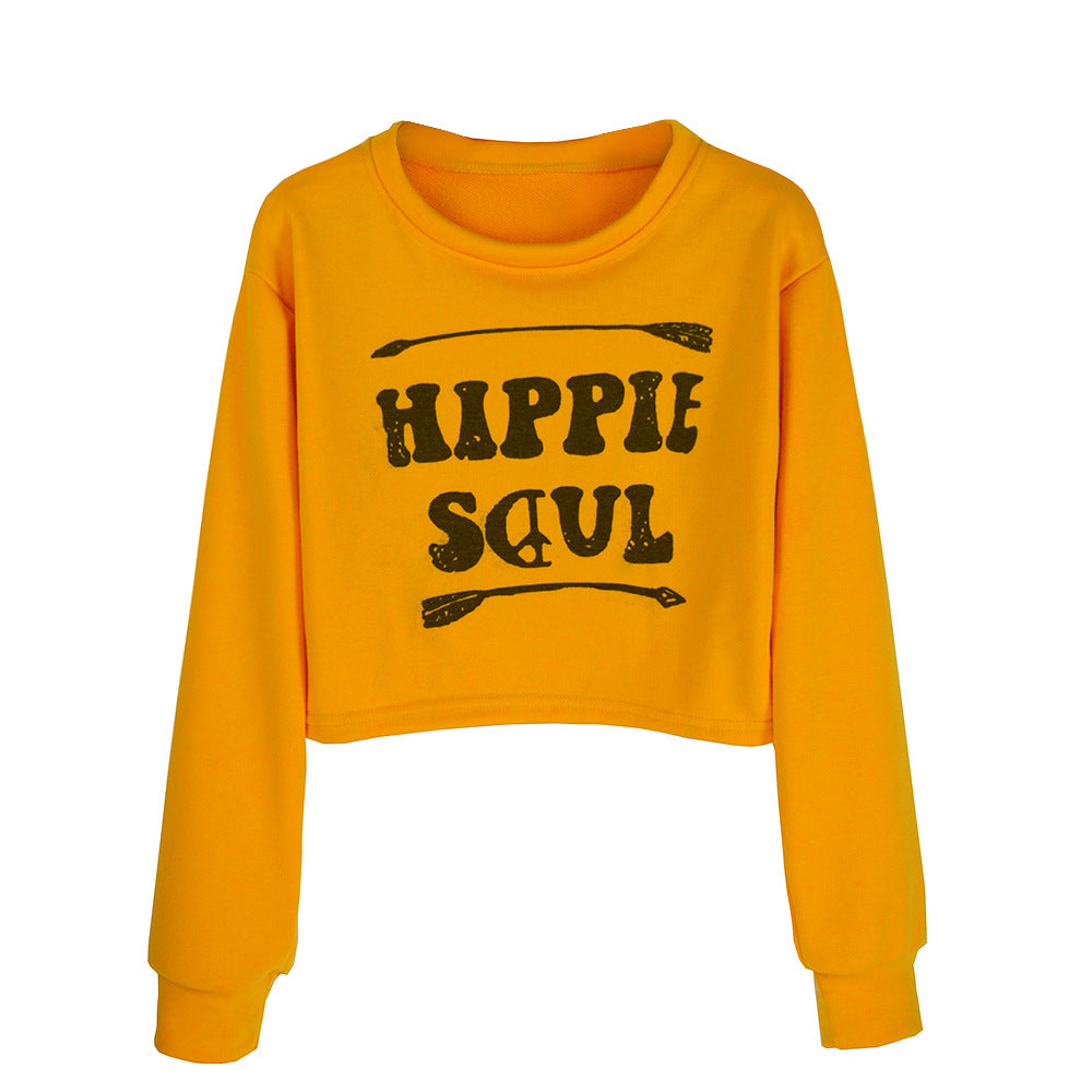 Damen Kurzes Cropped-Sweatshirt mit Print, Rundhalsausschnitt & langen Ärmeln Drune