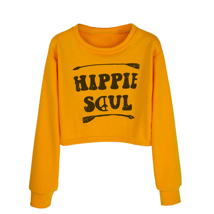 Damen Kurzes Cropped-Sweatshirt mit Print, Rundhalsausschnitt & langen Ärmeln Drune